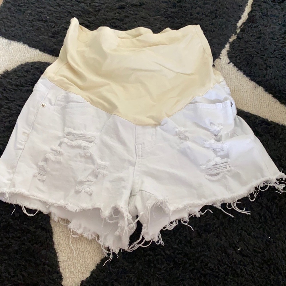 Pink Blush white distressed maternity shorts